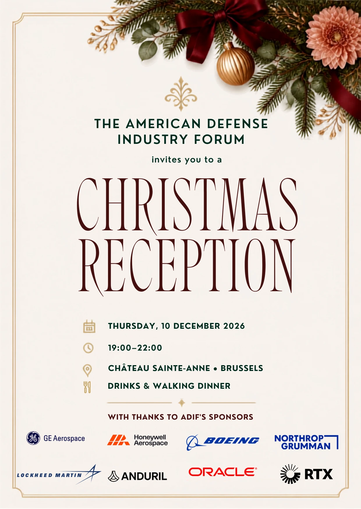 ADIF Christmas Reception invitation for 10 December 2026 at Château Sainte-Anne